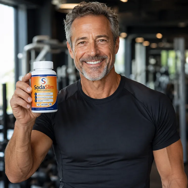 A man in a gym holding a bottle of SodaSlim Metabolic & Appetite Support